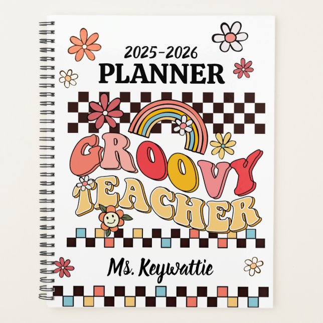 Boho retro rainbows groovy teacher planner school (Front)