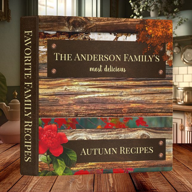 Boho Retro Rustic Family Recette Classeur (Bohemian style rustic family recipe binder with wood, flowers and autumn leaves)
