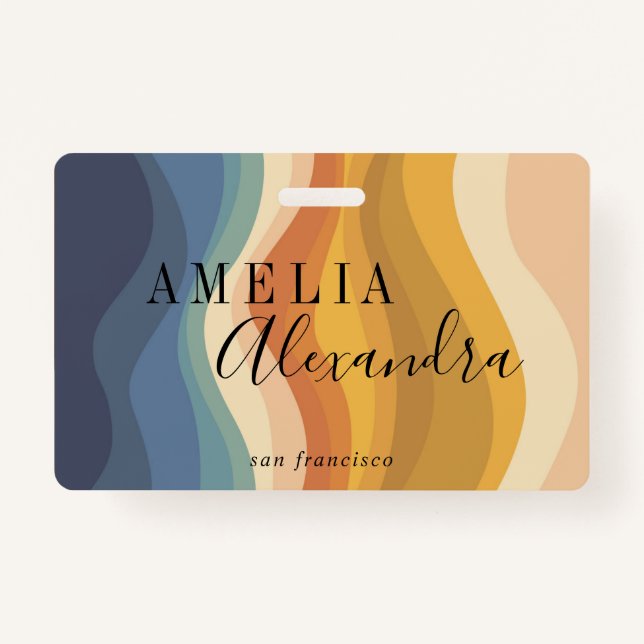 Boho Retro Script Abstract Wavy Lines Yellow Blue Badge (Front)
