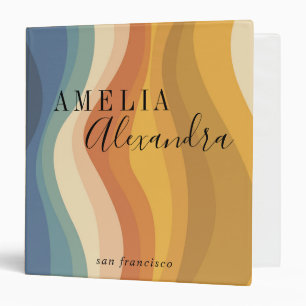 Boho Retro Script Abstract Wavy Lines Yellow Blue Binder