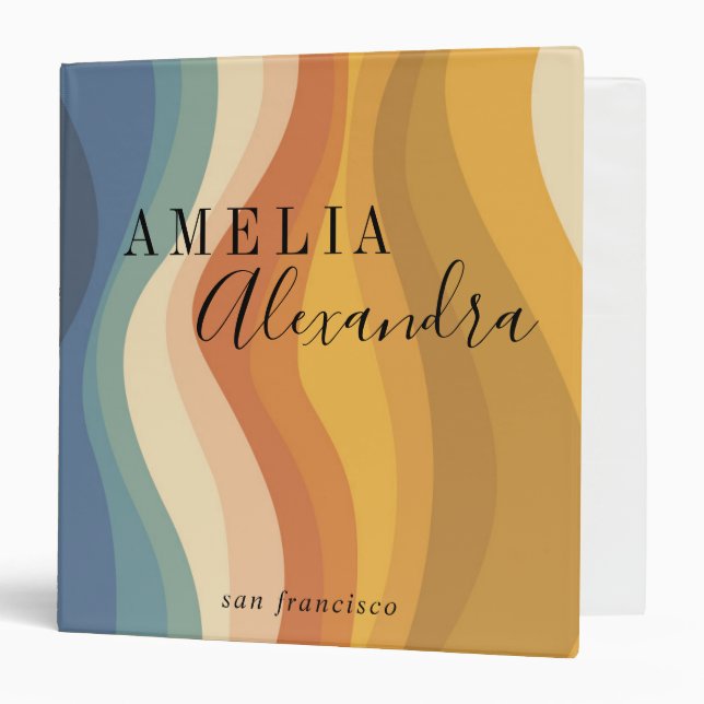 Boho Retro Script Abstract Wavy Lines Yellow Blue Binder (Front/Inside)