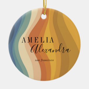 Boho Retro Script Abstract Wavy Lines Yellow Blue Ceramic Ornament