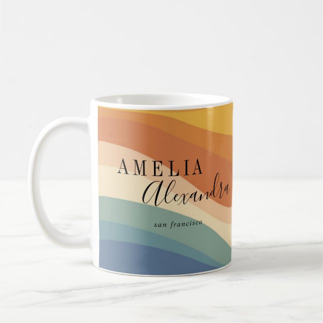 Boho Retro Script Abstract Wavy Lines Yellow Blue Coffee Mug (Left)
