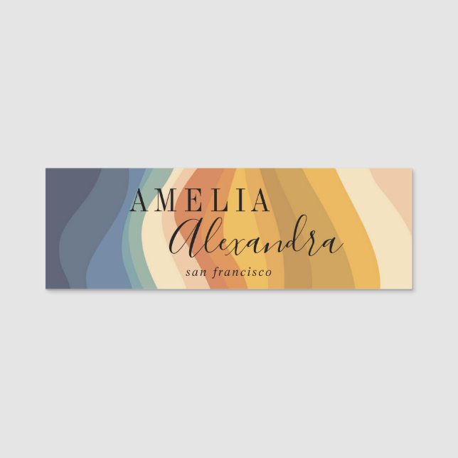 Boho Retro Script Abstract Wavy Lines Yellow Blue Name Tag (Front)