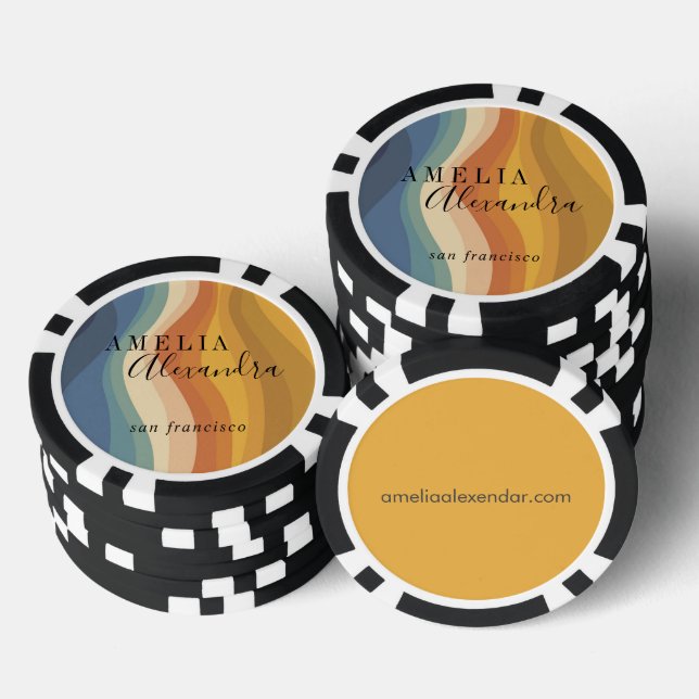 Boho Retro Script Abstract Wavy Lines Yellow Blue Poker Chips (Stack)