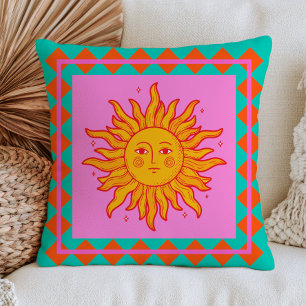 BOHO Retro Sun Face Dopamine Aesthetic Colourful Throw Pillow