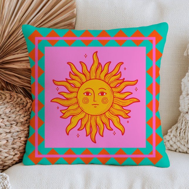 BOHO Retro Sun Face Dopamine Aesthetic Colourful  Throw Pillow (Creator Uploaded)