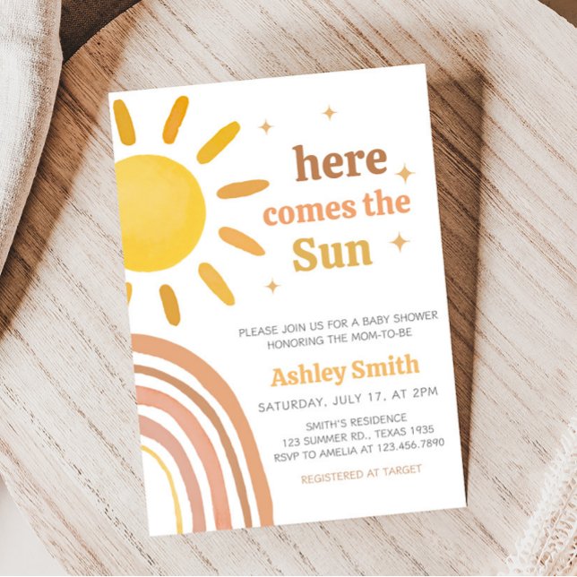 Boho Retro Sunshine Baby Shower Invitation (Here Comes The Sun Baby Shower Invitation)