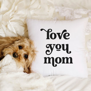 Boho Retro Text   Love you Mom Black and White Throw Pillow
