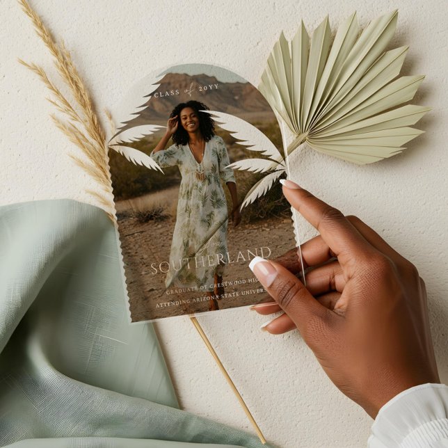 Boho Retro Tropical Palm Tree Graduation Photo Acrylic Invitations (Boho Retro Tropical Palm Tree Graduation Photo Acrylic Invitations)
