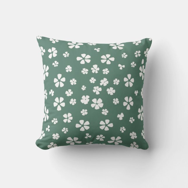 Boho retro white wildflower avocado green throw pillow (Front)