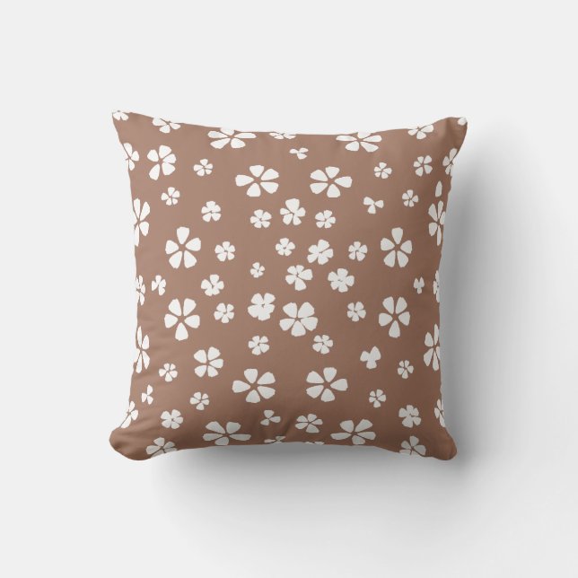 Boho retro white wildflower mocha brown throw pillow (Front)