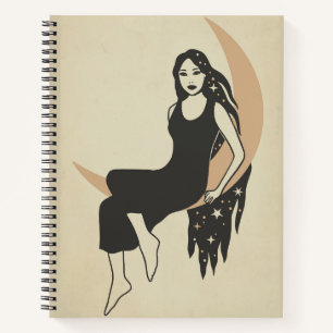 Boho retro woman stars long hair crescent moon notebook
