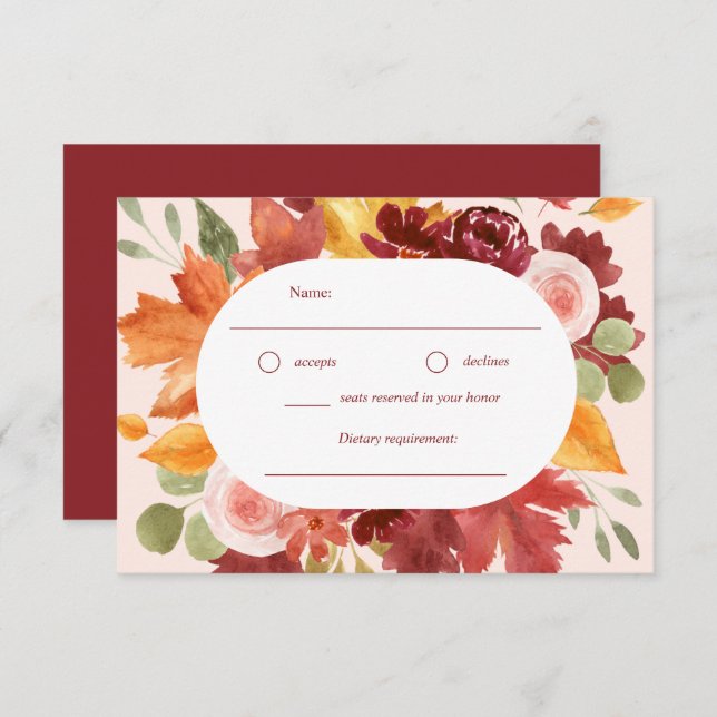 Boho Romantic Floral Burgundy Fall Wedding RSVP Card (Front/Back)