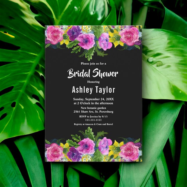 Boho Romantic Flowers Black Floral Bridal Shower Invitation (Creator Uploaded)