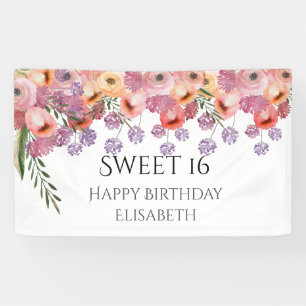 Boho romantic watercolor floral  sweet 16 party banner