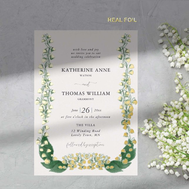 Boho Romantic Watercolor Lily Valley Wedding Gold (lily of the valley wedding invitation boho chic elegant romantic floral frame watercolor gold foil)
