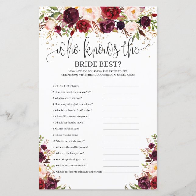 Boho romantic who knows the bride best game (Front)