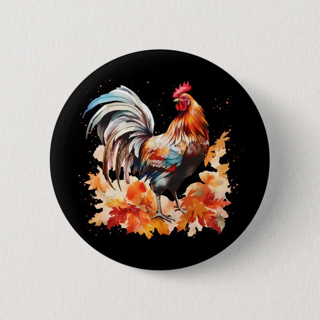 Boho Rooster Chicken Autumn Leaves Thanksgiving Da 2 Inch Round Button (Front)