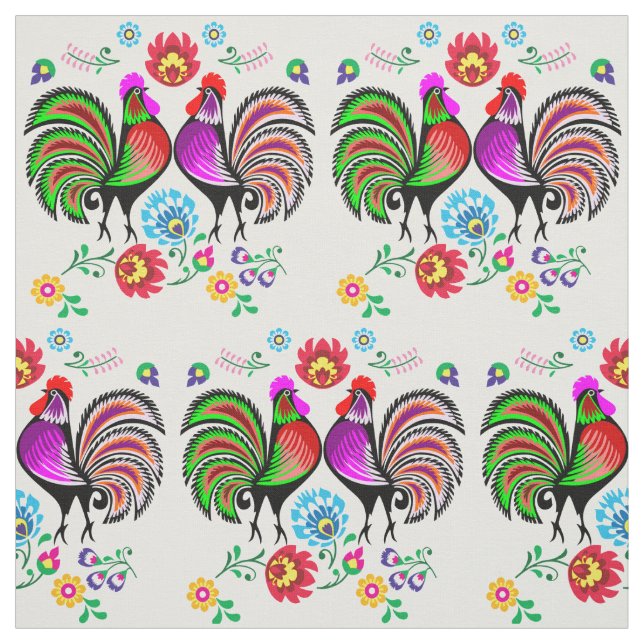 Boho Rooster Floral Pattern Fabric (Swatch)