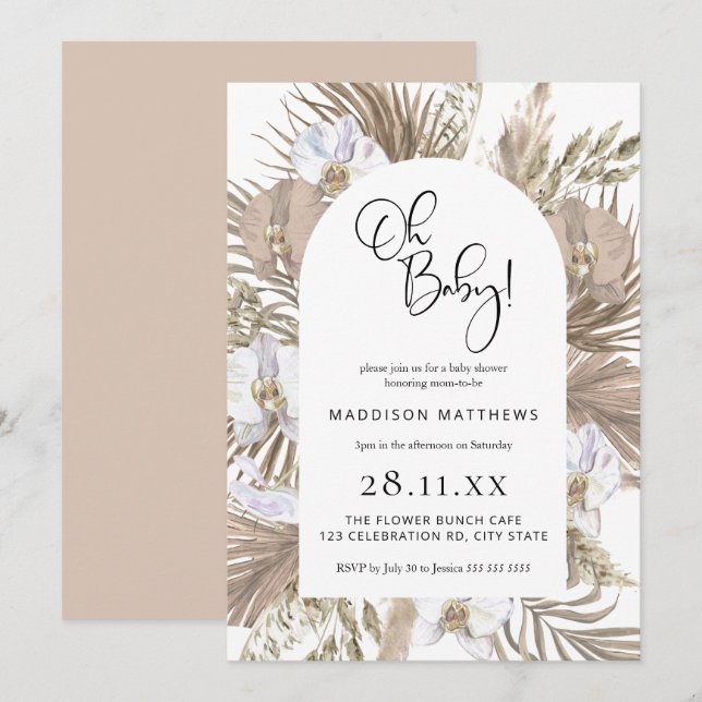 Boho rose Arc Floral Oh Baby shower Invitation (Devant / Derrière)