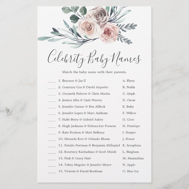 Boho Rose Baby Shower Celebrity Baby Names Game (Front)