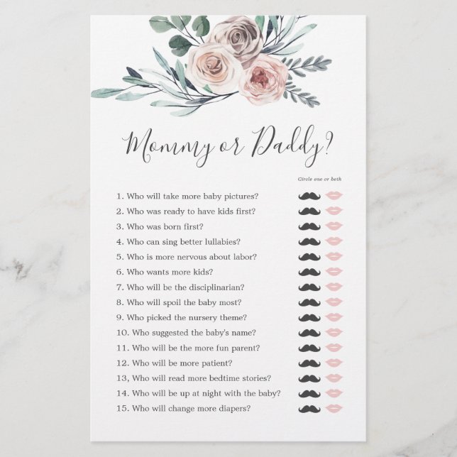 Boho Rose Baby Shower Mommy or Daddy Game (Front)