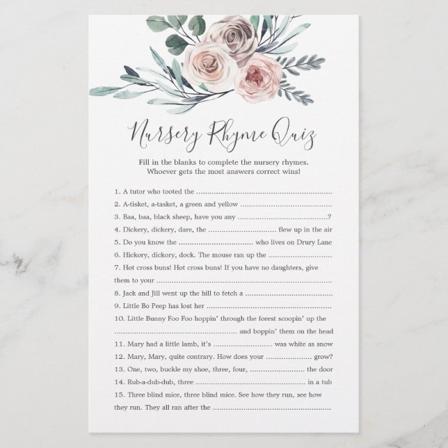 Boho Rose Baby Shower Nursery Rhyme Quiz Game (Front)