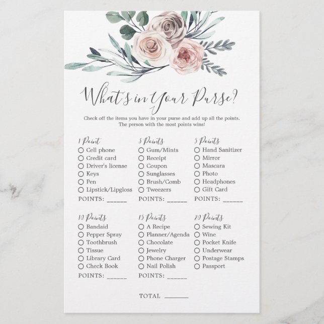 Boho Rose Baby Shower What's in Your Purse (Front)