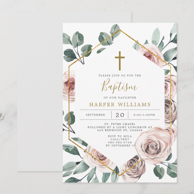 Boho Rose Baptême / Invitation Christening (Devant / Derrière)