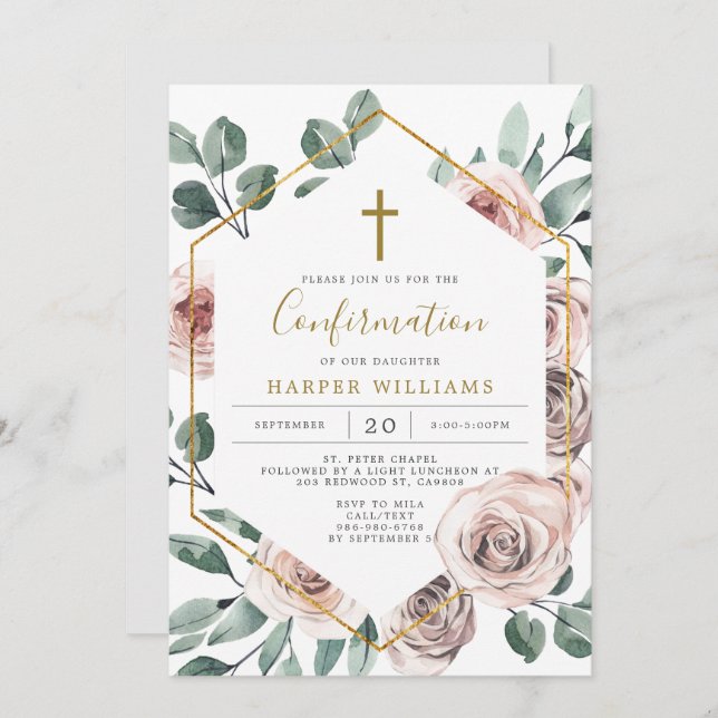 Boho Rose Confirmation Invitation (Front/Back)
