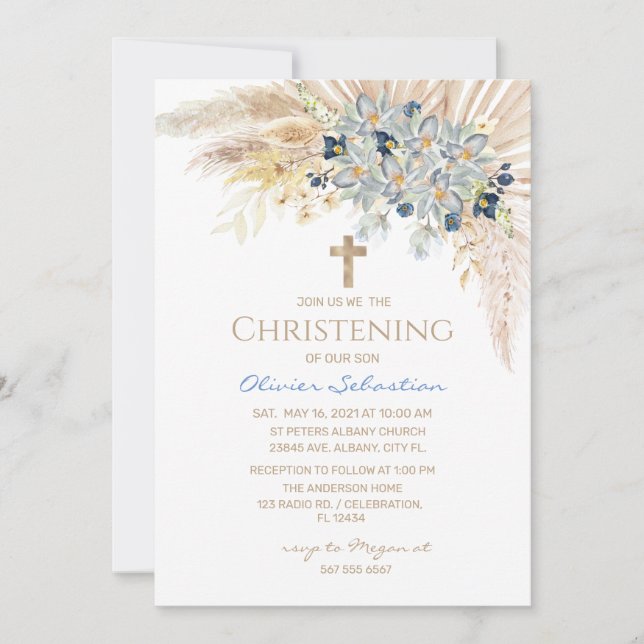 Boho rose fille Baptême Christening Invitation (Devant)