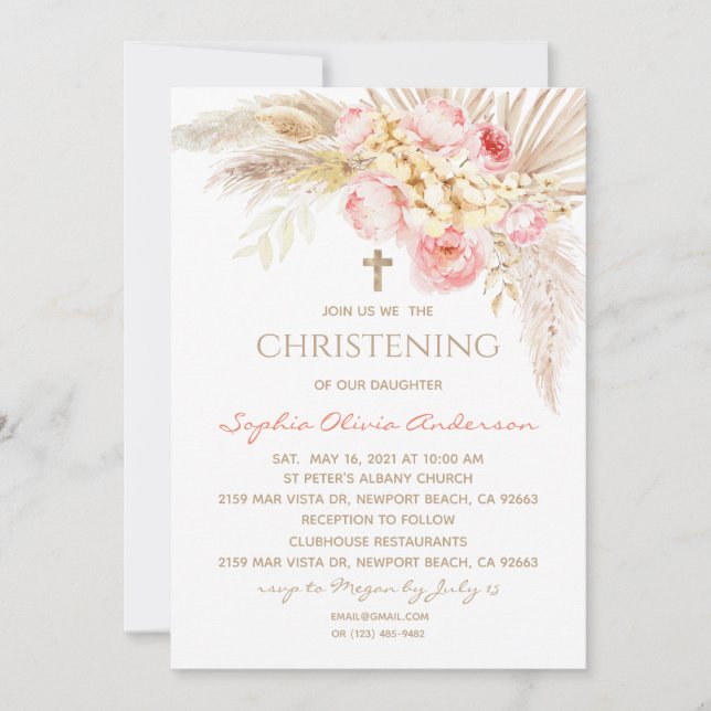 Boho rose fille Baptême Christening Invitation (Devant)
