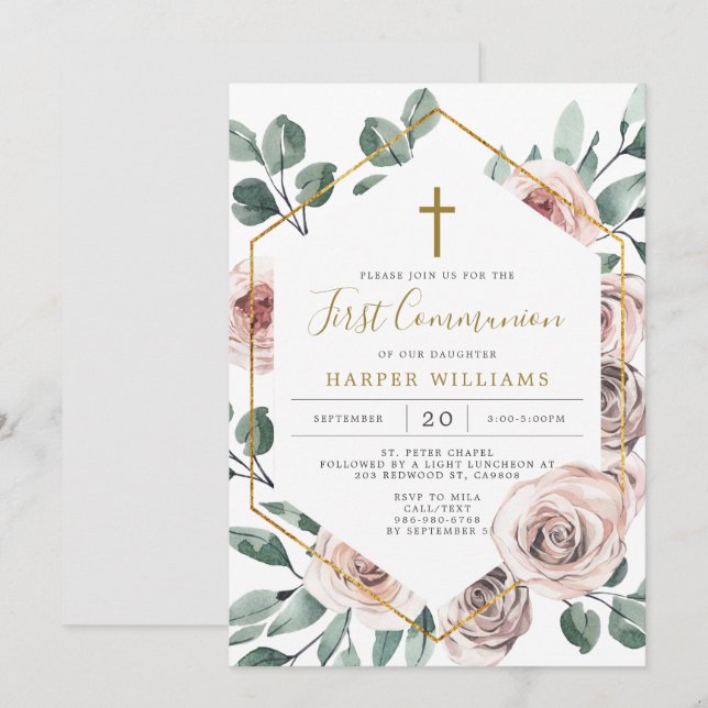 Boho Rose First Communion Invitation (Front/Back)
