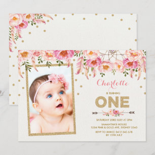 Boho rose Floral Premier Invitation d'anniversaire