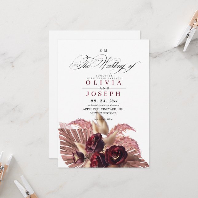 Boho Rose Floral Rustic Wedding Invitation (Front/Back In Situ)
