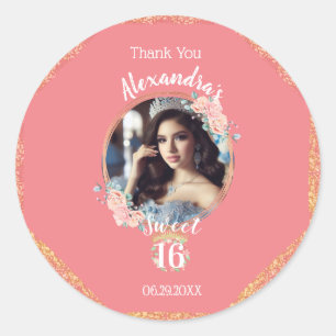 Boho Rose Gold Custom Photo Sweetsixteen Thank You Classic Round Sticker