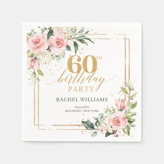 Boho rose gold floral eucalyptus 60th birthday napkin (Front)