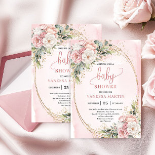 Boho Rose Gold Floral Eucalyptus Girl Baby Shower  Invitation