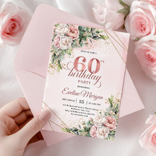 Boho Rose Gold Watercolor Floral 60th Birthday Invitation