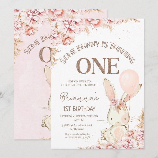 Boho rose lapin floral 1er anniversaire Invitation (Devant / Derrière)