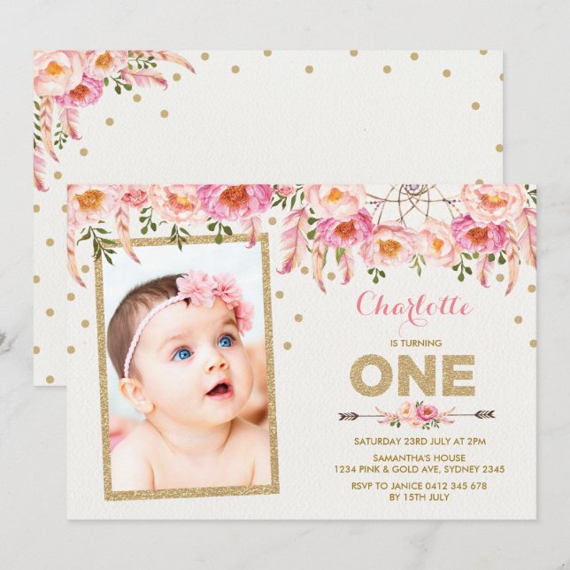 Boho Rose or Floral Premier Invitation d'anniversa (Devant / Derrière)