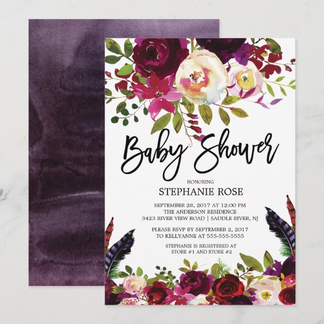 Boho Rose Purple Floral Baby Shower Invitation (Front/Back)