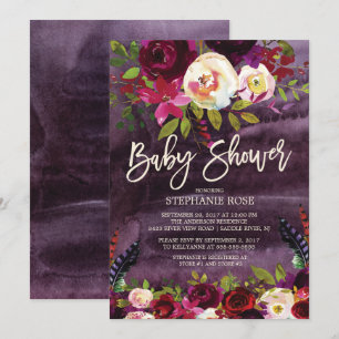 Boho Rose Purple Floral Baby shower Invitation