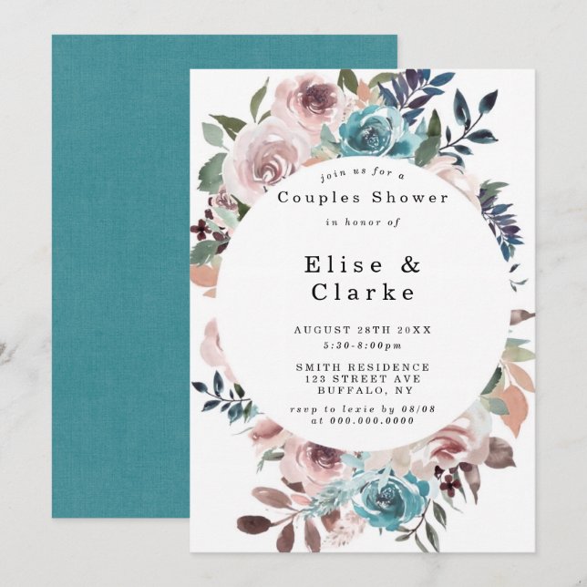 Boho rose Turquoise Plum Peony Couples Invitations (Devant / Derrière)