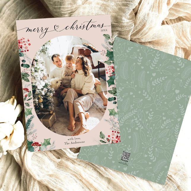 Boho rose vert ovale photo Joyeuse carte de Noël (Créateur téléchargé)