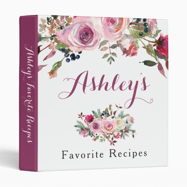 Boho rose violet Chic Rose Floral Recette Classeur (Devant/Côté)