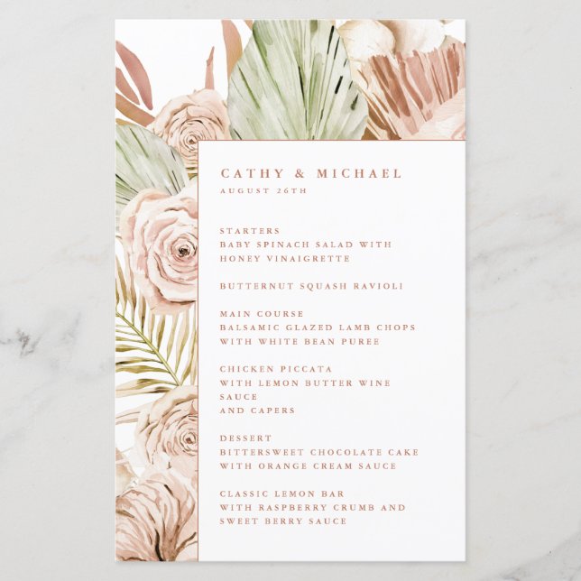 Boho Roses and Tropical Leaves Event Menu (Front)