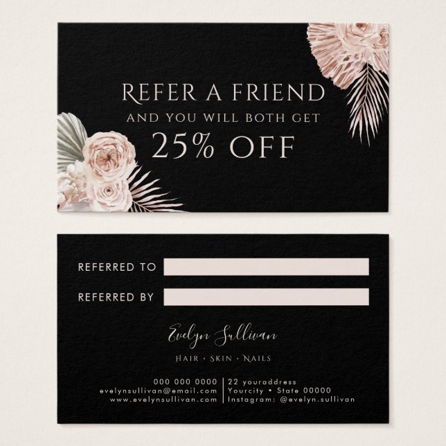 Boho roses black referral card (Front & Back)