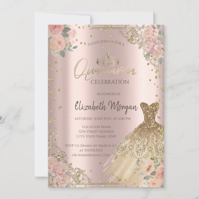 Boho Roses Diamonds Dress Rose Gold Invitation (Front)
